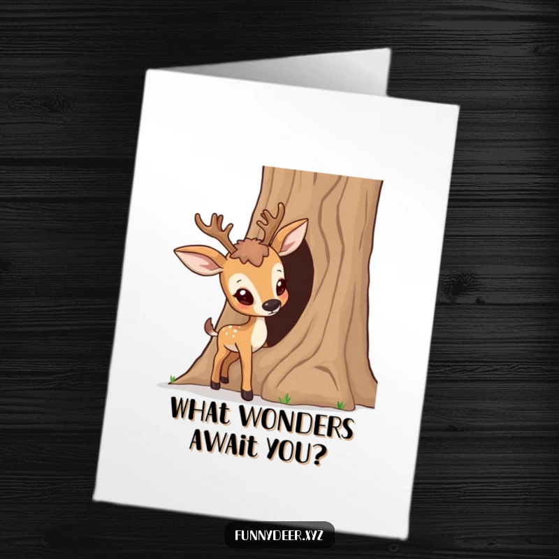 Funny Free Printable Birthday Card of a deer curiously poking its nose into a hollow tree trunk, a surprise gift.