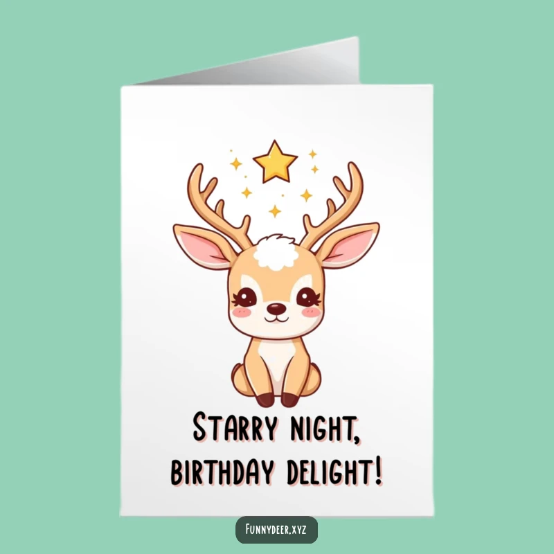 Free Printable Birthday Card: Starry Kawaii Deer Looking Up - Funny Download