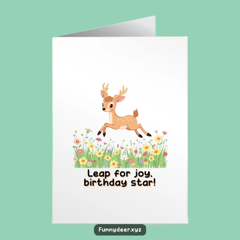 Free Printable Birthday Card: Funny Kawaii Deer Leaping Hilariously - Downloadable Gift