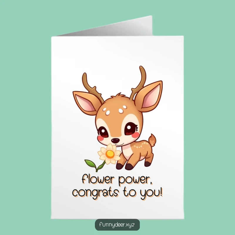 Free Printable Congrats Card: Curious Kawaii Deer & Glowing Flower - Funny Download