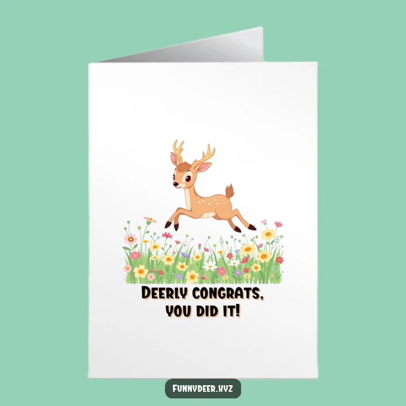 Free Printable Congrats Card: Funny Kawaii Deer Leaping Celebration - Downloadable Gift