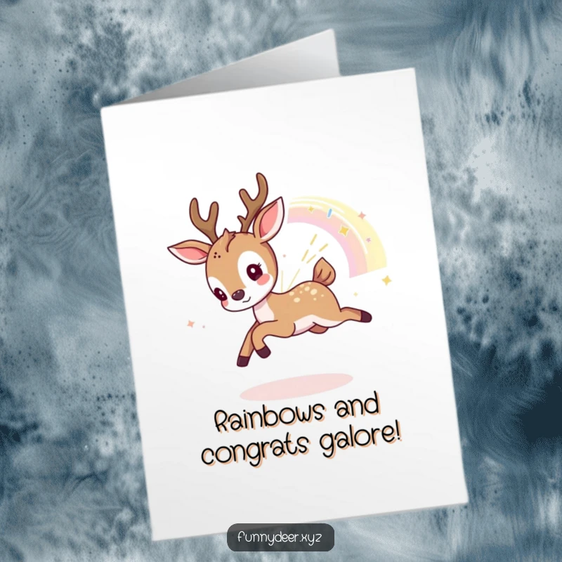 Funny Free Printable Congrats Card: Kawaii deer gleefully chasing a shimmering piece of a vibrant rainbow, celebrating achievement.