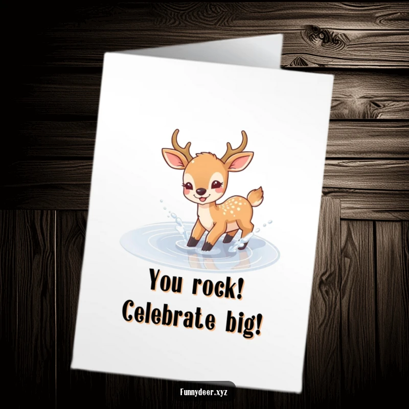Funny Free Printable Congrats Card of a deer gleefully splashing in a sparkling puddle, a joyful downloadable message.