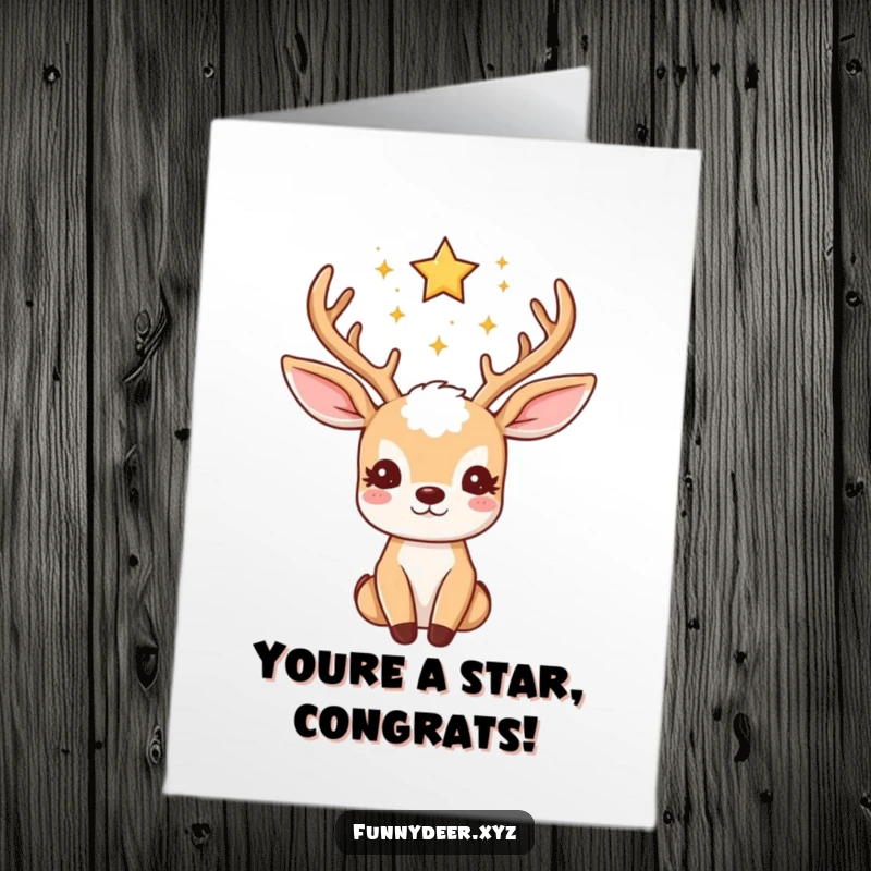 Funny Free Printable Congrats Card: Kawaii deer with antlers decorated with twinkling stars gazing upwards with wonder and amazement.