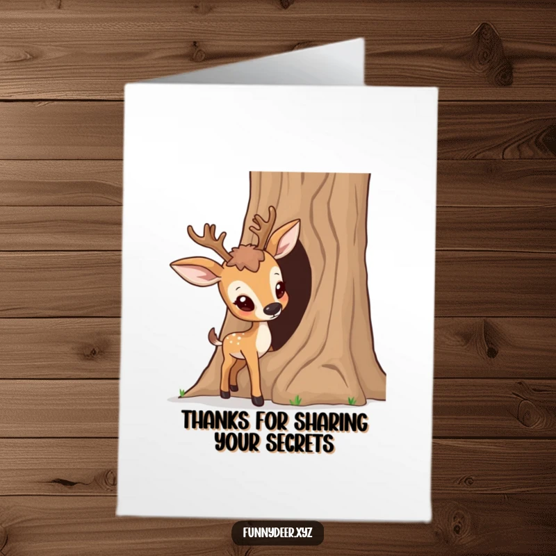 Funny Free Printable Thank You Card of a deer curiously sniffing a hollow tree trunk, a playful downloadable note.