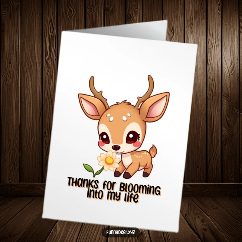 Funny Free Printable Thank You Card: A wide-eyed kawaii deer curiously sniffing a luminous, glowing flower, showing gentle thanks.