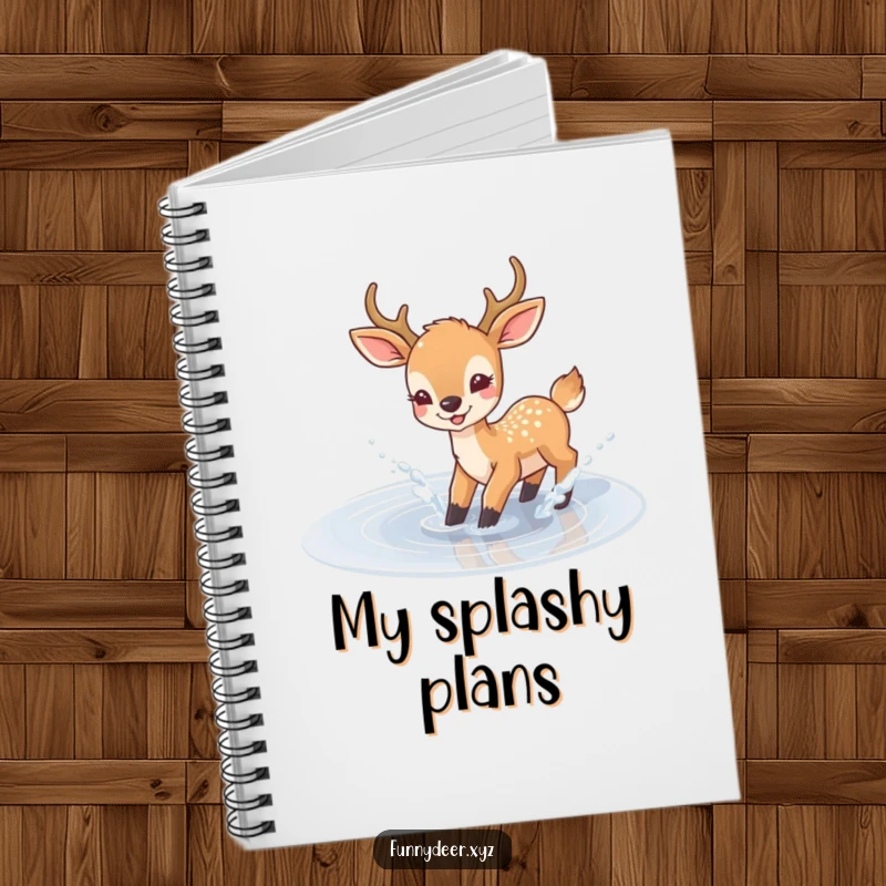 Funny Joyful Deer Notebook, cover shows a deer splashing happily in a puddle, perfect for joyful notes.