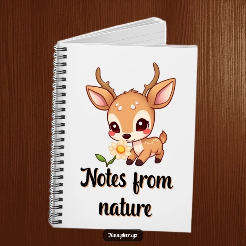Funny Kawaii Deer Notebook: A kawaii deer with curious eyes sniffs a softly glowing flower, inspiring note-taking.