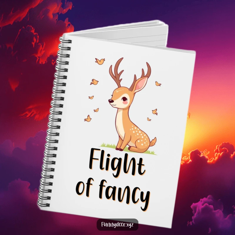 Funny Smiling Deer Notebook, cover shows a smiling deer watching birds, perfect for peaceful note-taking.