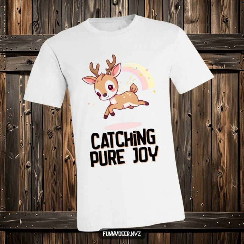Funny Kawaii Deer T-Shirt: A joyful kawaii deer playfully chases a vibrant, shimmering piece of a rainbow across the sky.