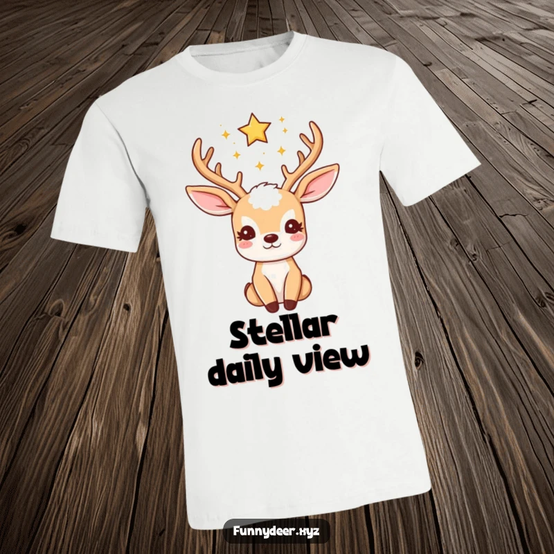 Funny Kawaii Deer T-Shirt: A kawaii deer gazes upwards, its antlers sparkling with tiny, twinkling stars.