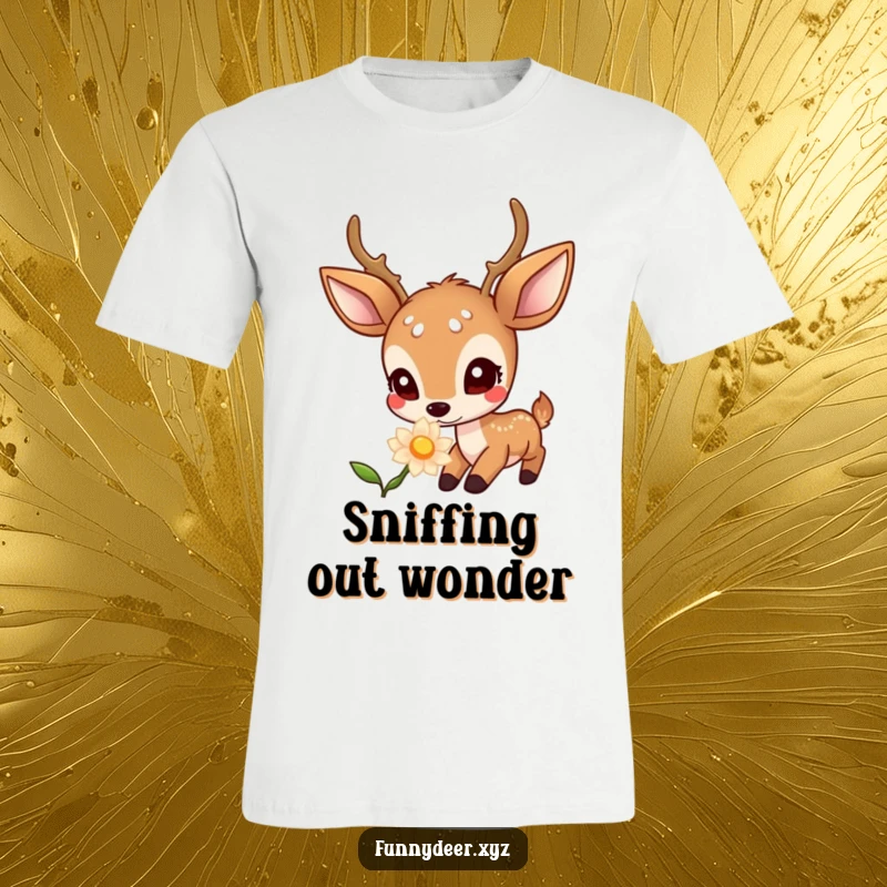 Funny Kawaii Deer T-Shirt: A kawaii deer with curious eyes gently sniffs a luminous, glowing flower, symbolizing enchantment.