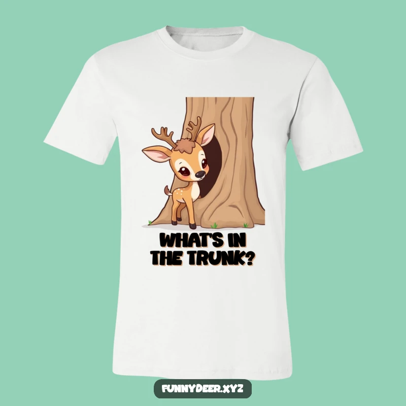 Funny Curious Deer T-Shirt - Tree Trunk Exploration, Humorous Outdoor Gift