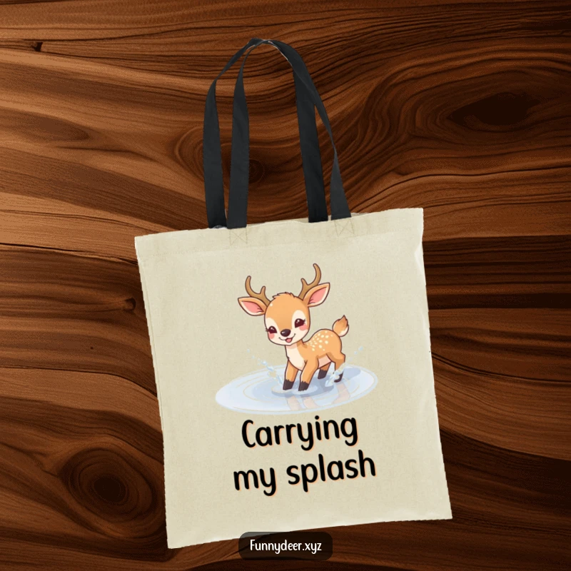 Funny Joyful Deer Tote Bag, a deer happily splashes in a puddle, perfect for cheerful shopping.