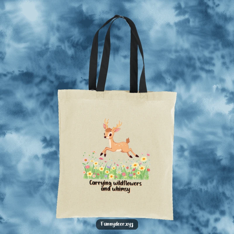 Funny Kawaii Deer Tote Bag: A graceful kawaii deer leaps through an artistic wildflower field, perfect for stylish, funny gifting.