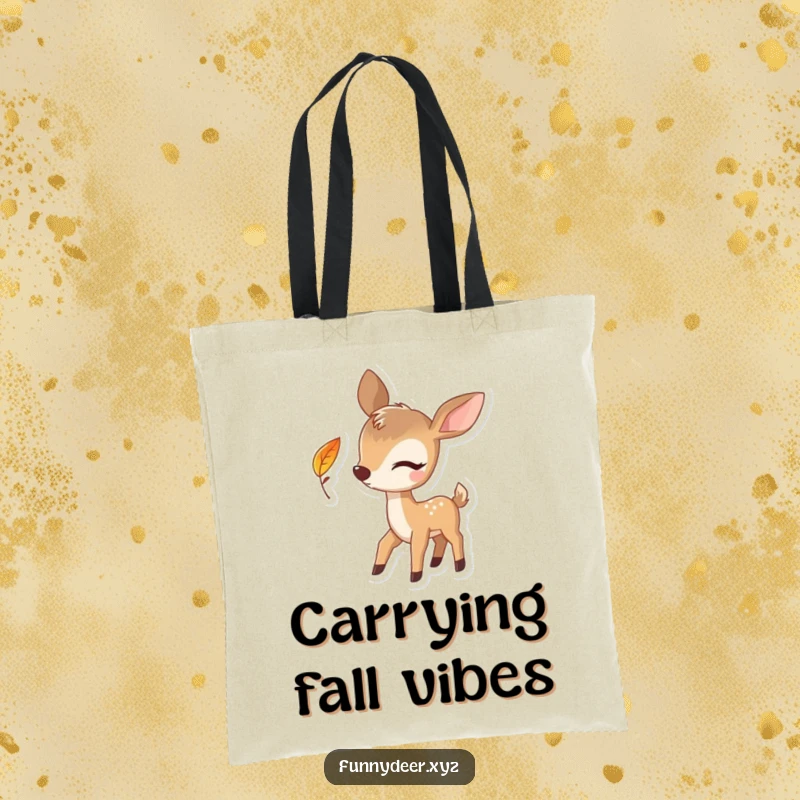 Funny Winking Deer Tote Bag, a playful deer winks with a falling leaf, ideal for humorous shoppers.