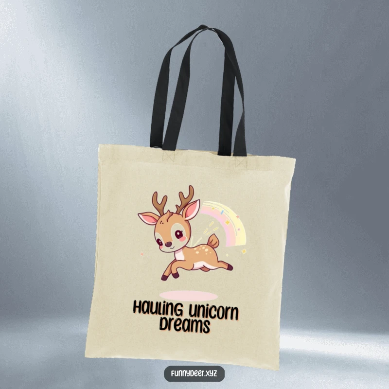 Funny Kawaii Deer Tote Bag: A kawaii deer happily plays, chasing a sparkling piece of a rainbow; practical and funny.